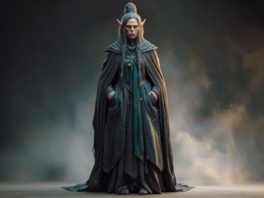a sorceress in a star-lit midnight cloak standing tall with hands in pockets, in a smoke-lit photo studio, neo-noir cine