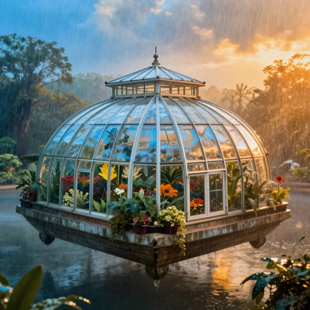 a floating botanical conservatory after warm summer rain, dreamlike fine-art landscape photography, restrained color har