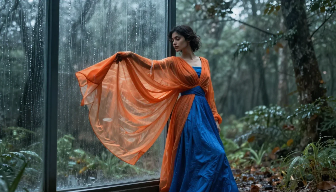 a lover leaning against rain-streaked glass mid-turn with fabric catching the light, in a dewy forest clearing, futurist