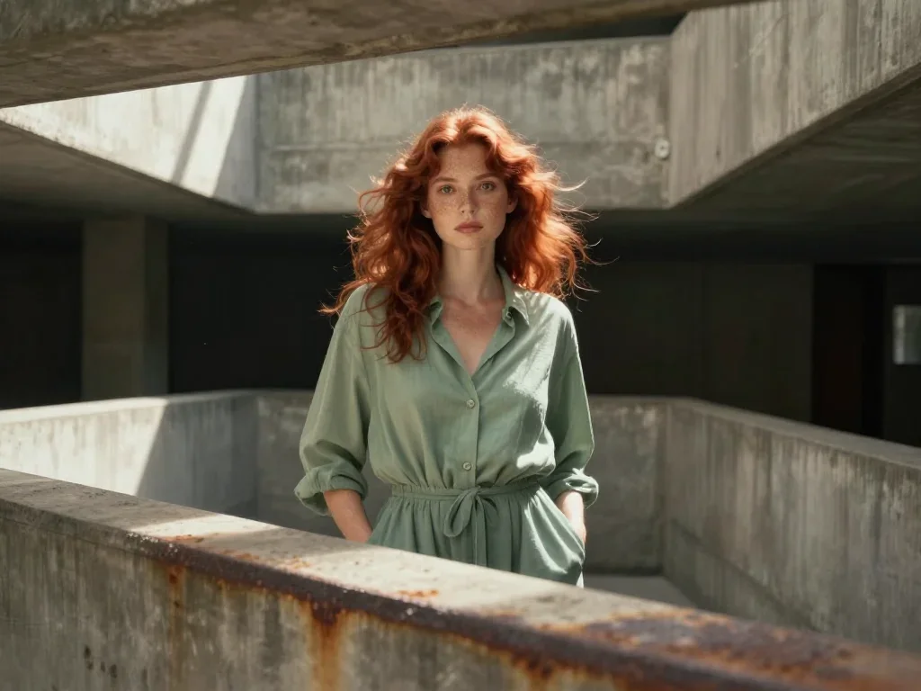 a muse with freckles and wind-tousled copper hair standing tall with hands in pockets, in a brutalist concrete atrium, c
