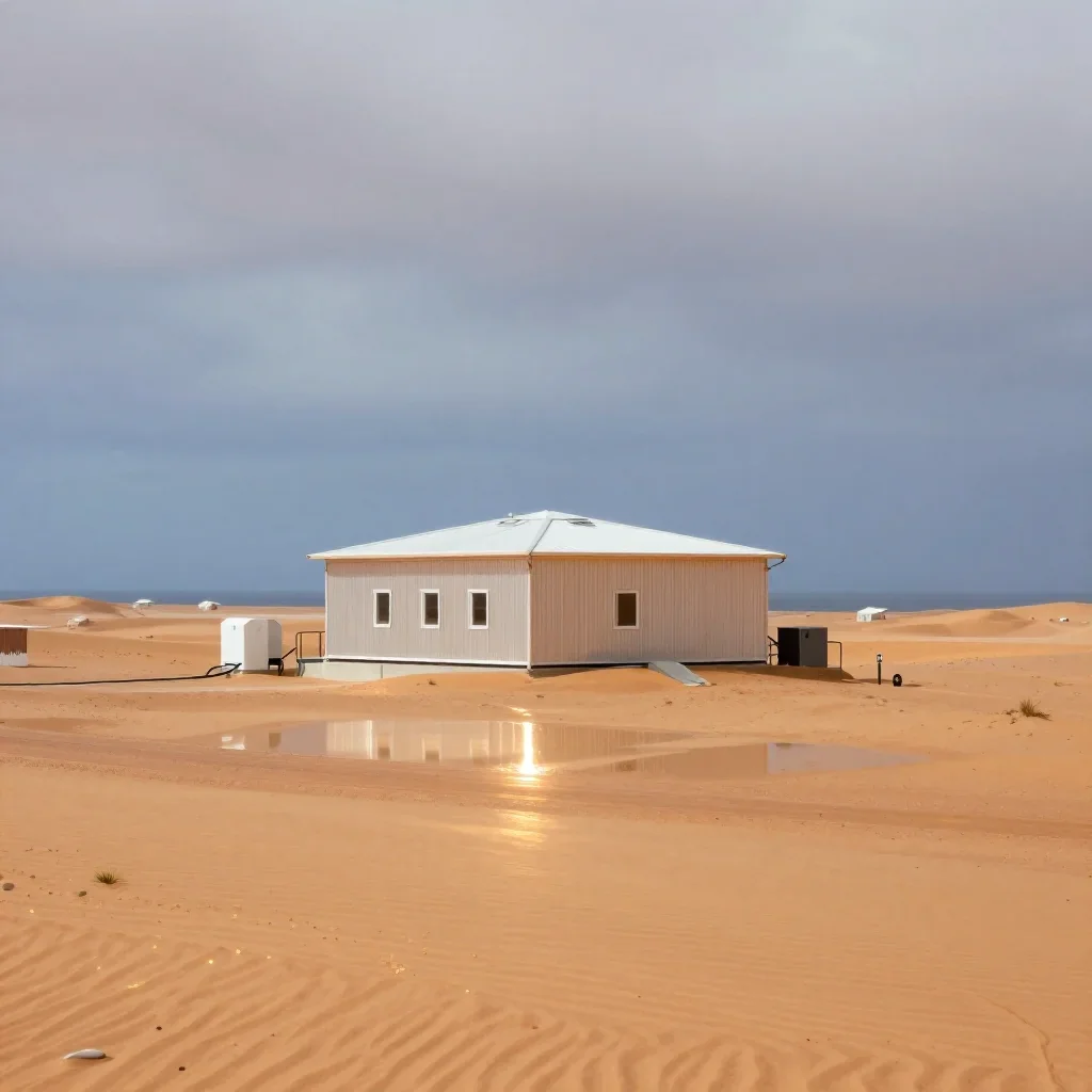 a desert research station under overcast coastal light, refined editorial travel photography, gentle reflected light, ochre and ultramarine palette, no people, no text, no logo, no watermark