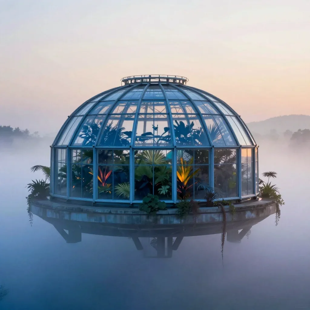 a floating botanical conservatory under soft dawn fog, high-end design magazine photography, soft volumetric light, coba
