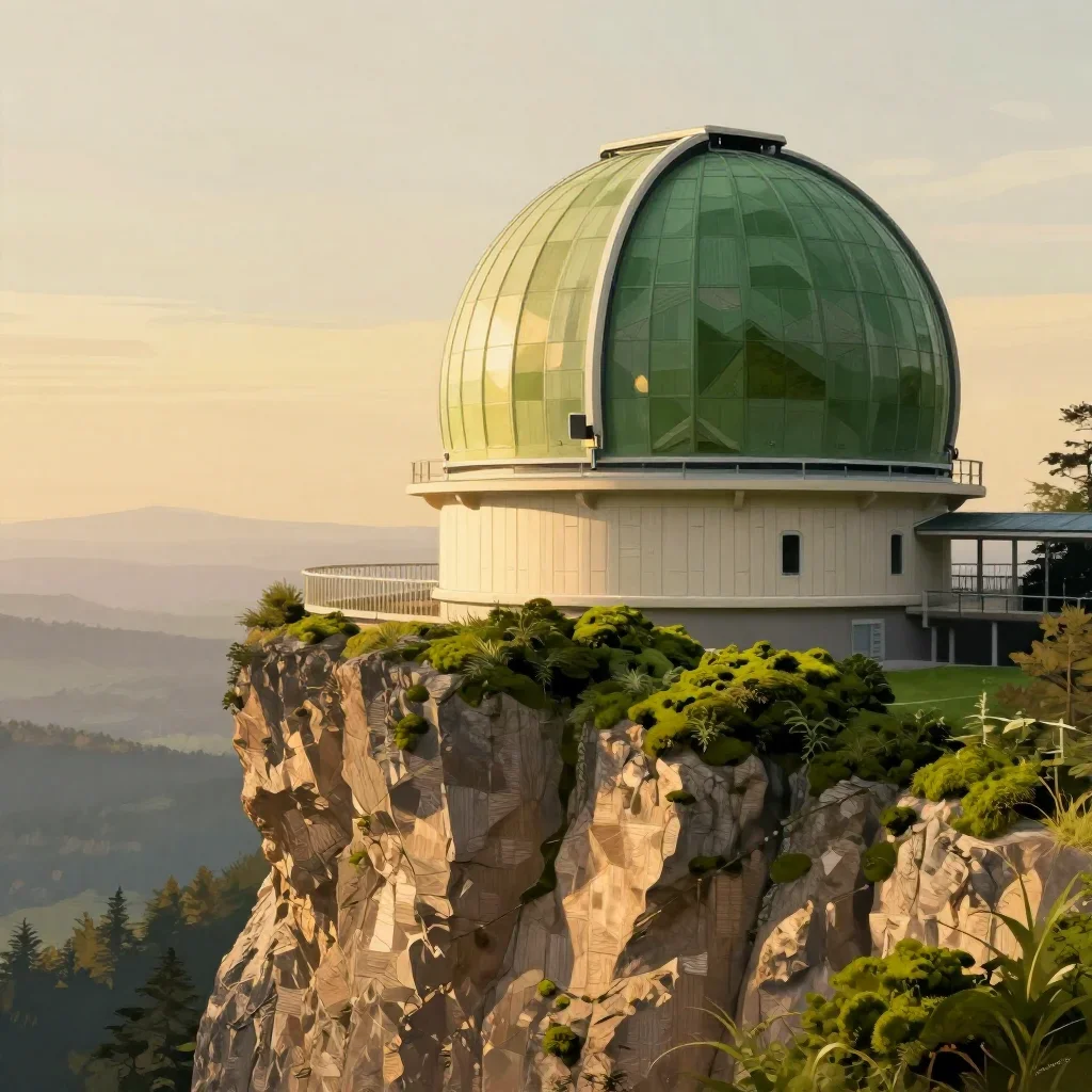 a cliffside observatory during golden hour, Japanese woodblock-inspired editorial art, careful geometric composition, mo