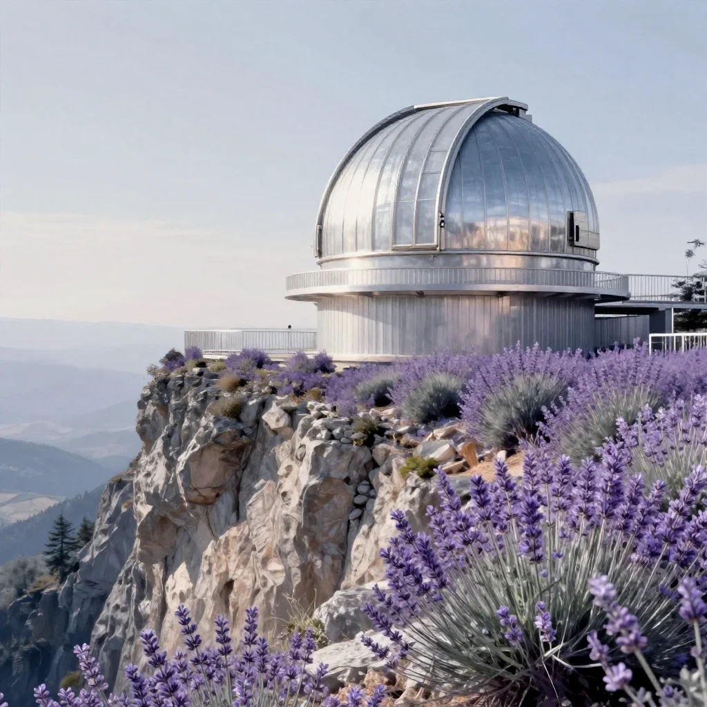 a cliffside observatory in crisp winter sunlight, contemporary botanical illustration, subtle film grain, lavender and s