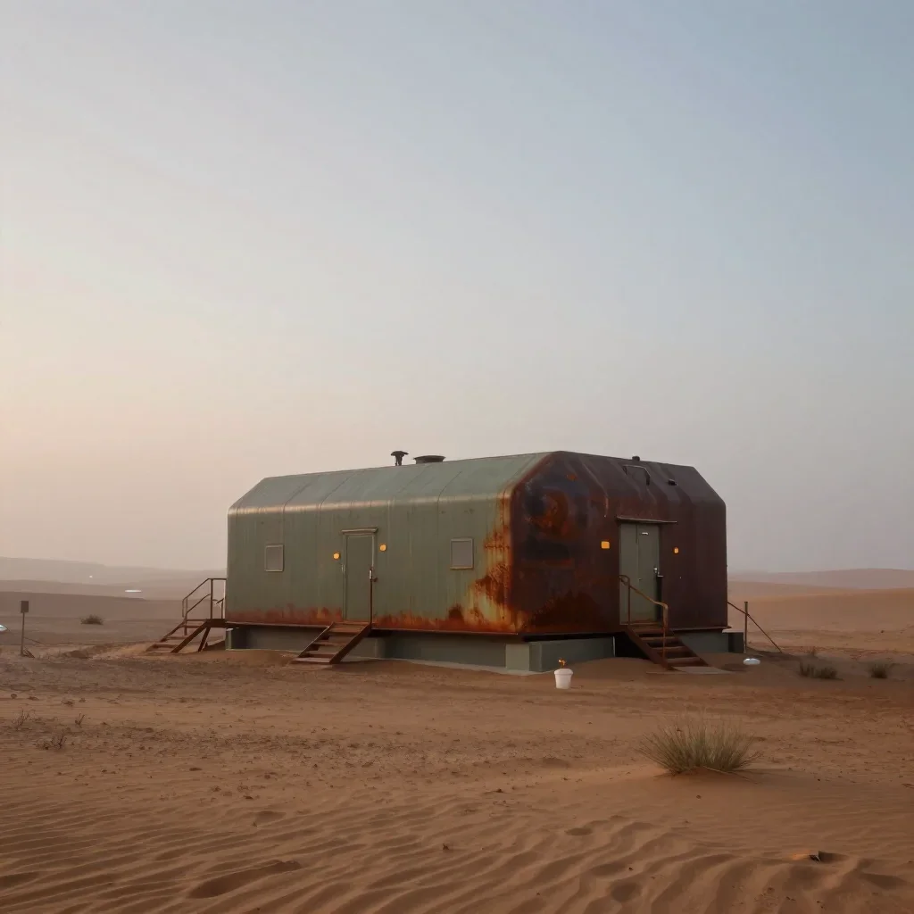 a desert research station under soft dawn fog, refined editorial travel photography, atmospheric depth, rust and sage pa