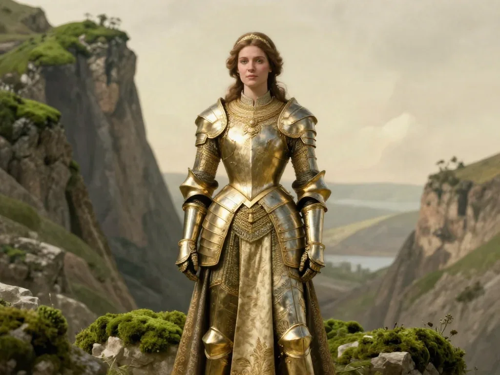 a warrior queen in ornate gilded armor standing tall with hands in pockets, on a sun-drenched cliffside, Renaissance chi