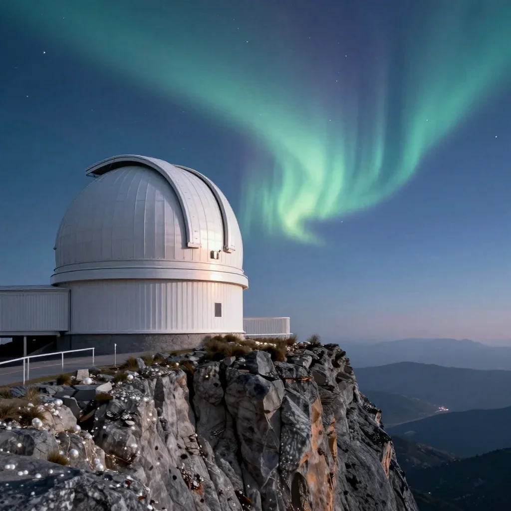 a cliffside observatory beneath an aurora, refined editorial travel photography, gentle reflected light, indigo and pear