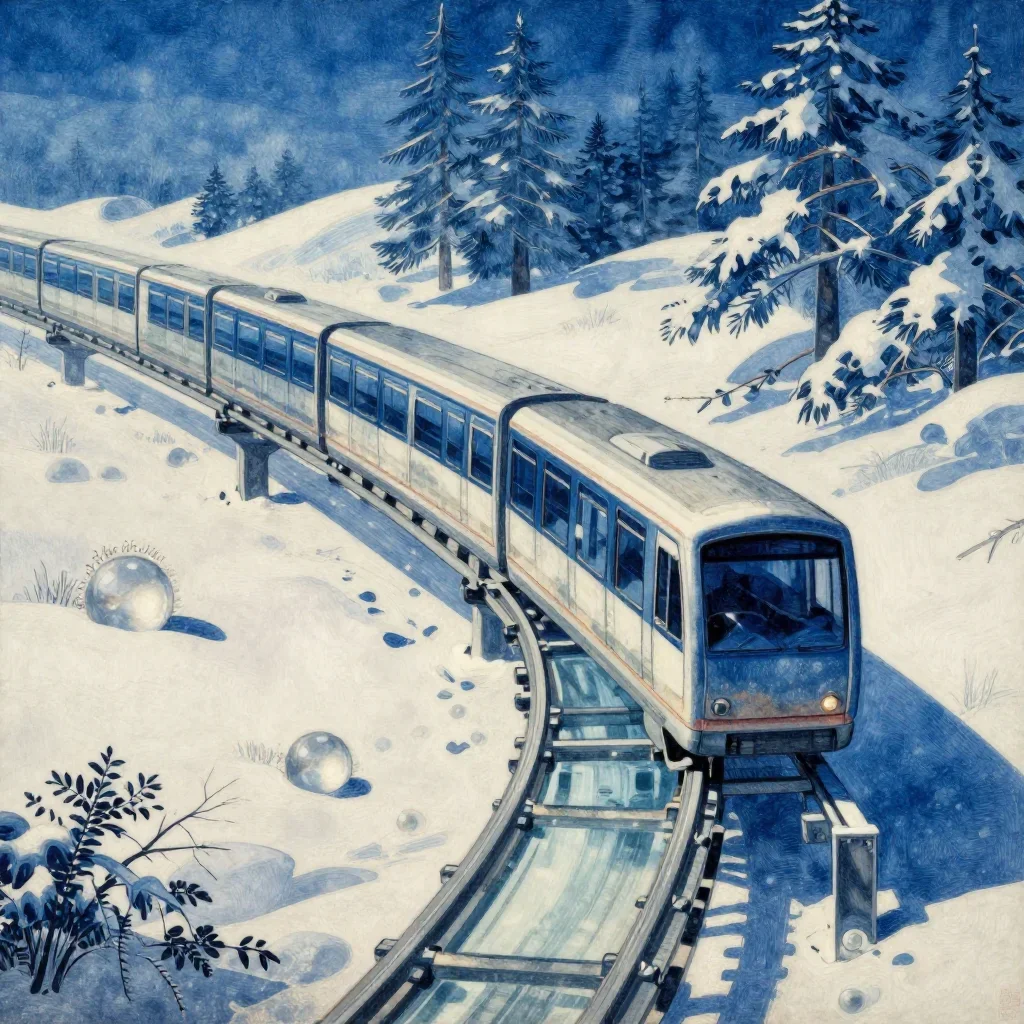 a glass monorail in crisp winter sunlight, Japanese woodblock-inspired editorial art, weathered tactile surfaces, indigo