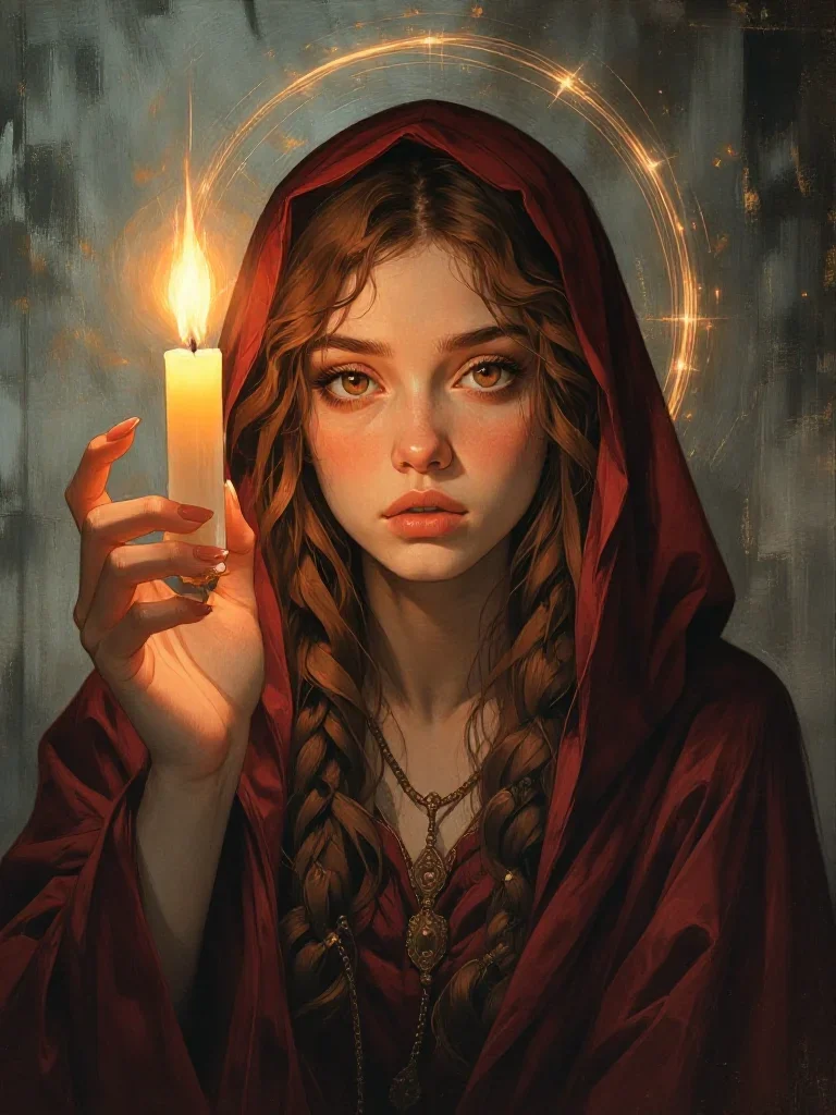a celestial priestess with haloed candlelight in a gentle reach toward the lens, in a smoke-lit photo studio, Renaissanc