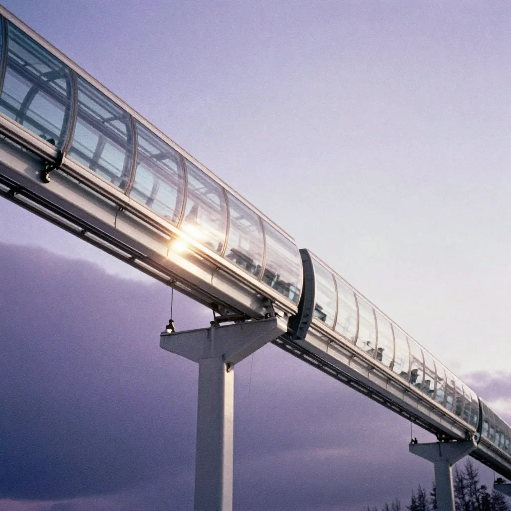 a glass monorail in crisp winter sunlight, cinematic architectural photography, subtle film grain, lavender and silver p