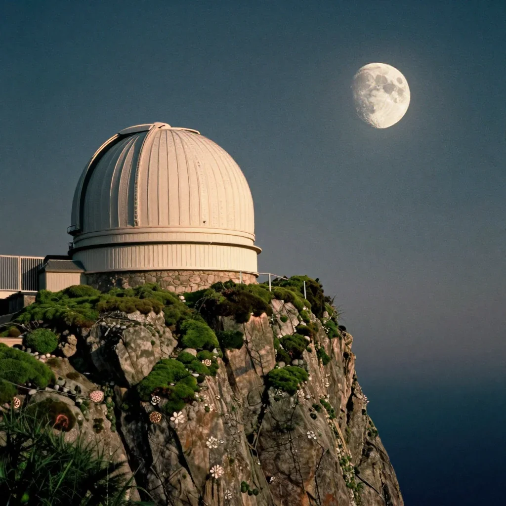 a cliffside observatory at moonrise, soft-grain analog film photography, atmospheric depth, moss green and cream palette