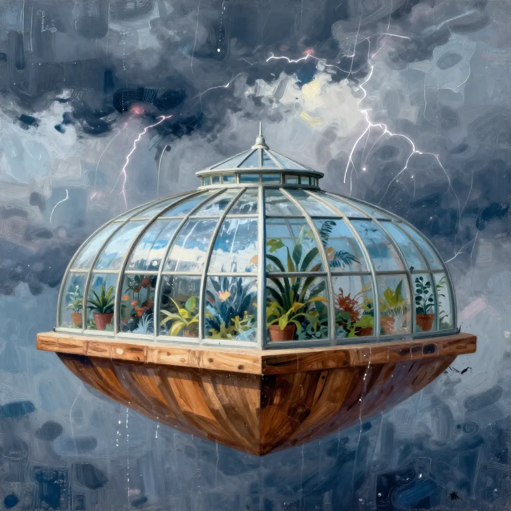 a floating botanical conservatory after a distant thunderstorm, modernist poster illustration, weathered tactile surface