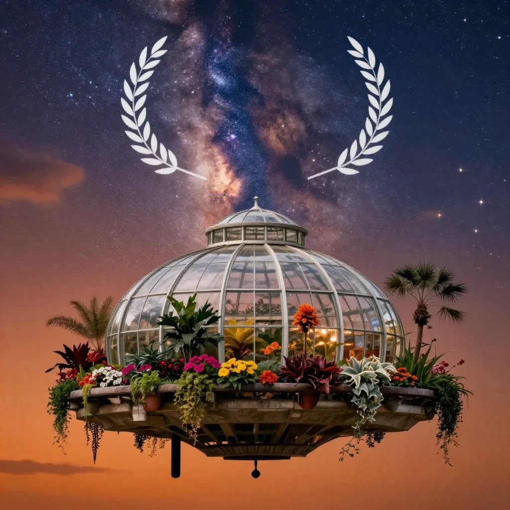 a floating botanical conservatory beneath a star-filled sky, dreamlike fine-art landscape photography, restrained color 
