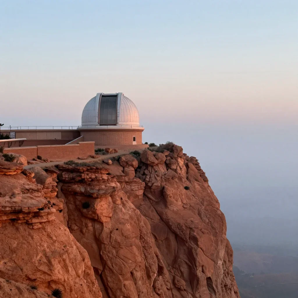 a cliffside observatory under soft dawn fog, dreamlike fine-art landscape photography, restrained color harmony, terraco