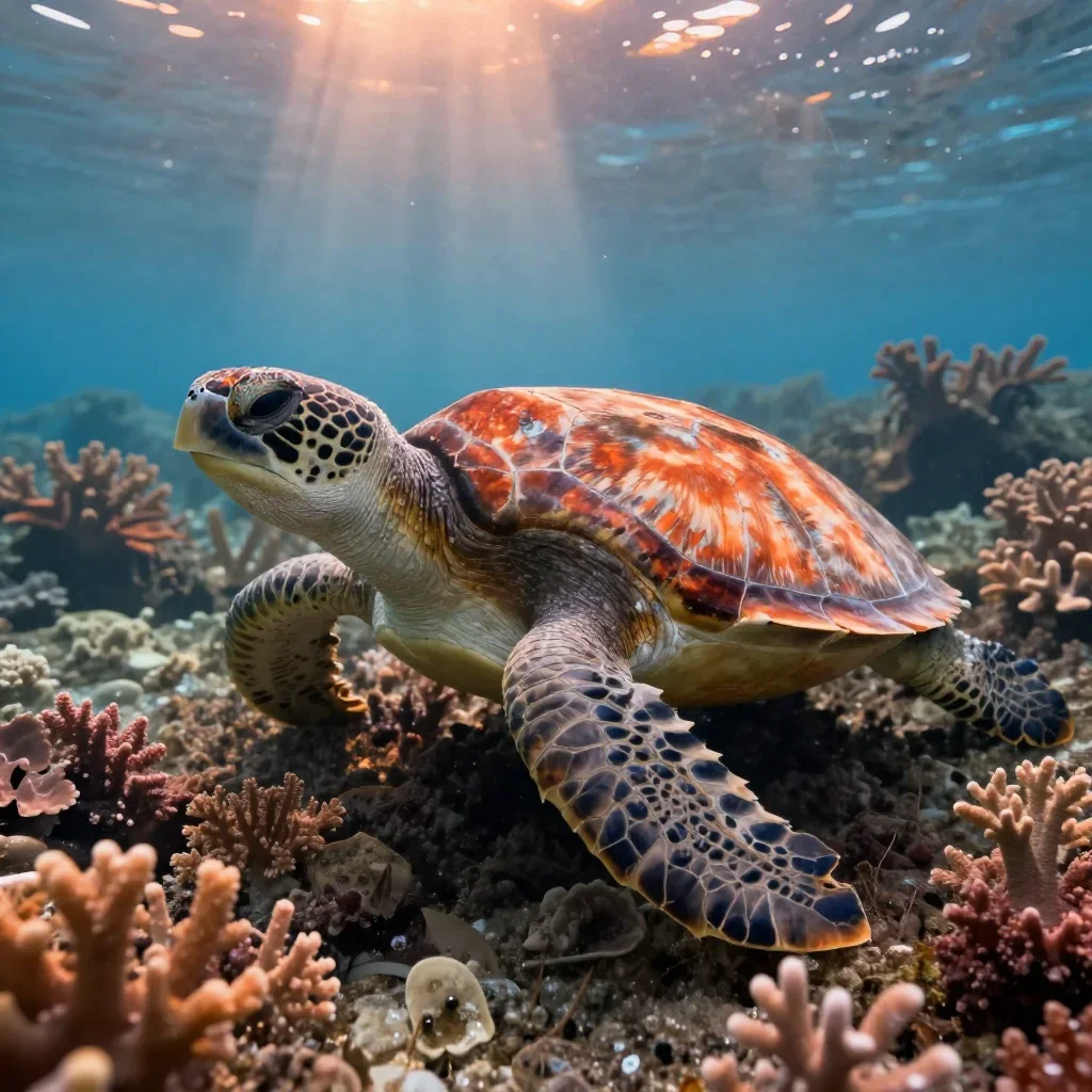 a sea turtle over a coral garden in quiet late-afternoon haze, macro natural-history photography, weathered tactile surf
