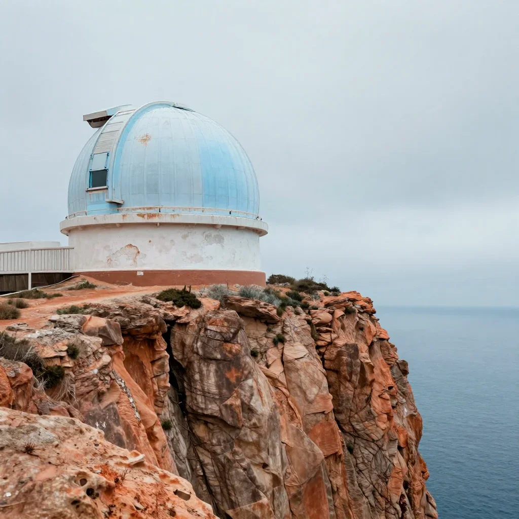 a cliffside observatory under overcast coastal light, dreamlike fine-art landscape photography, weathered tactile surfac