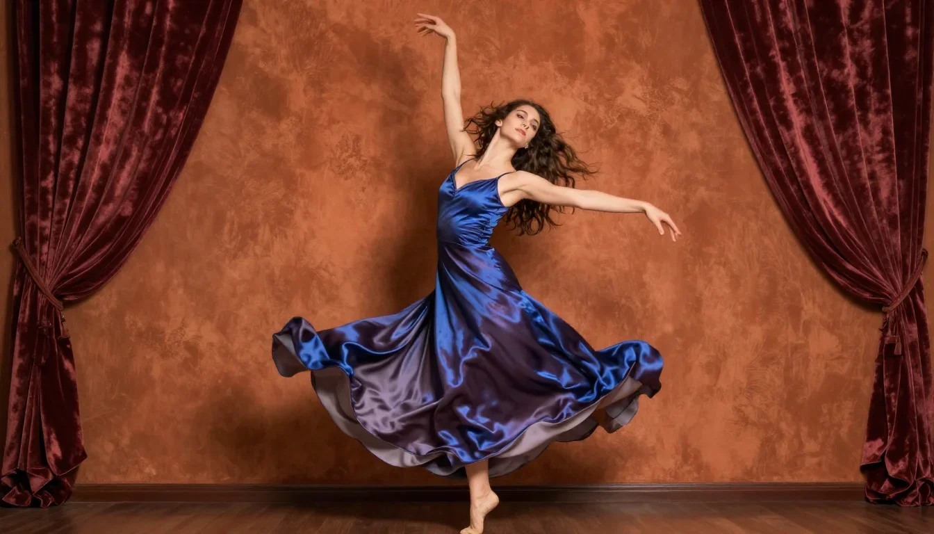 a dancer mid-spin in a silk maxi dress in a wind-swept lean against a wall, in a velvet-curtained boudoir, mythology-ins