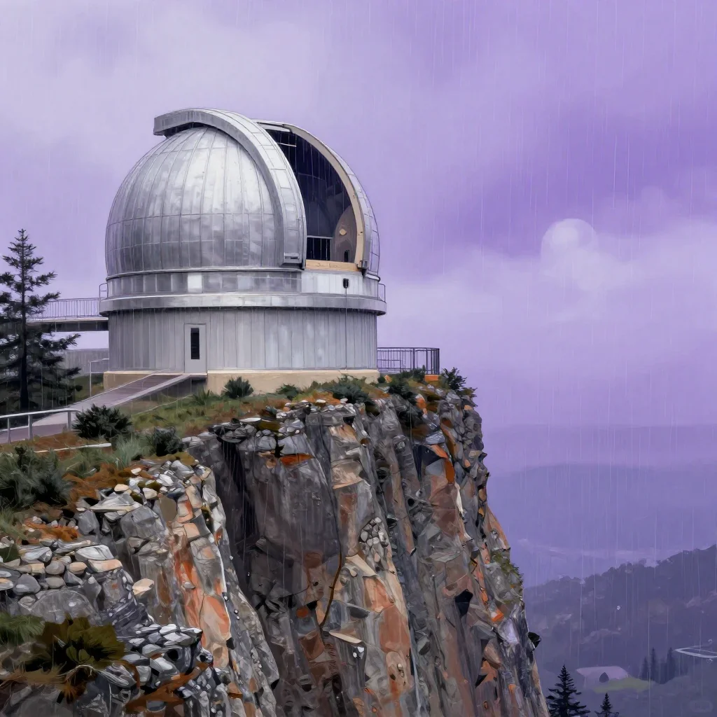 a cliffside observatory after warm summer rain, modernist poster illustration, crisp material detail, lavender and silve