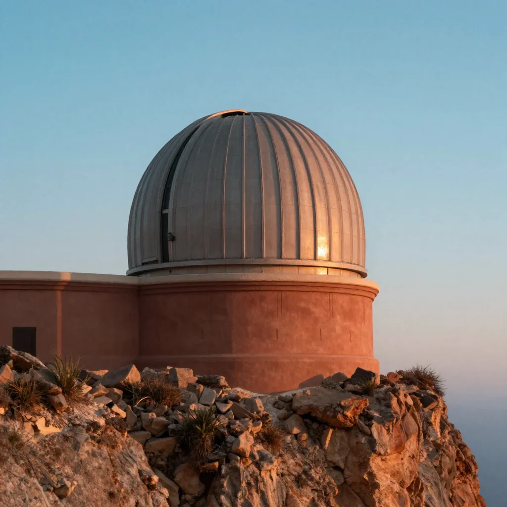 a cliffside observatory at blue hour, cinematic architectural photography, restrained color harmony, terracotta and pale