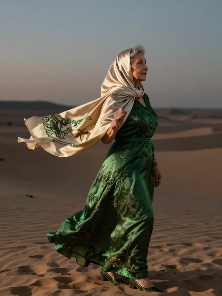 an elegant older stateswoman in a silk scarf mid-turn with fabric catching the light, in a silent desert at twilight, ci