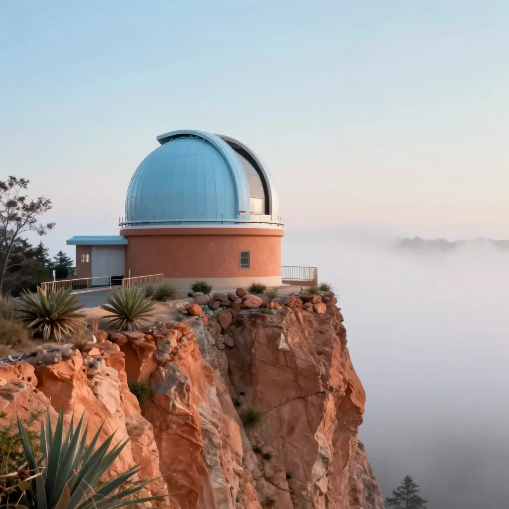 a cliffside observatory under soft dawn fog, contemporary botanical illustration, crisp material detail, terracotta and 