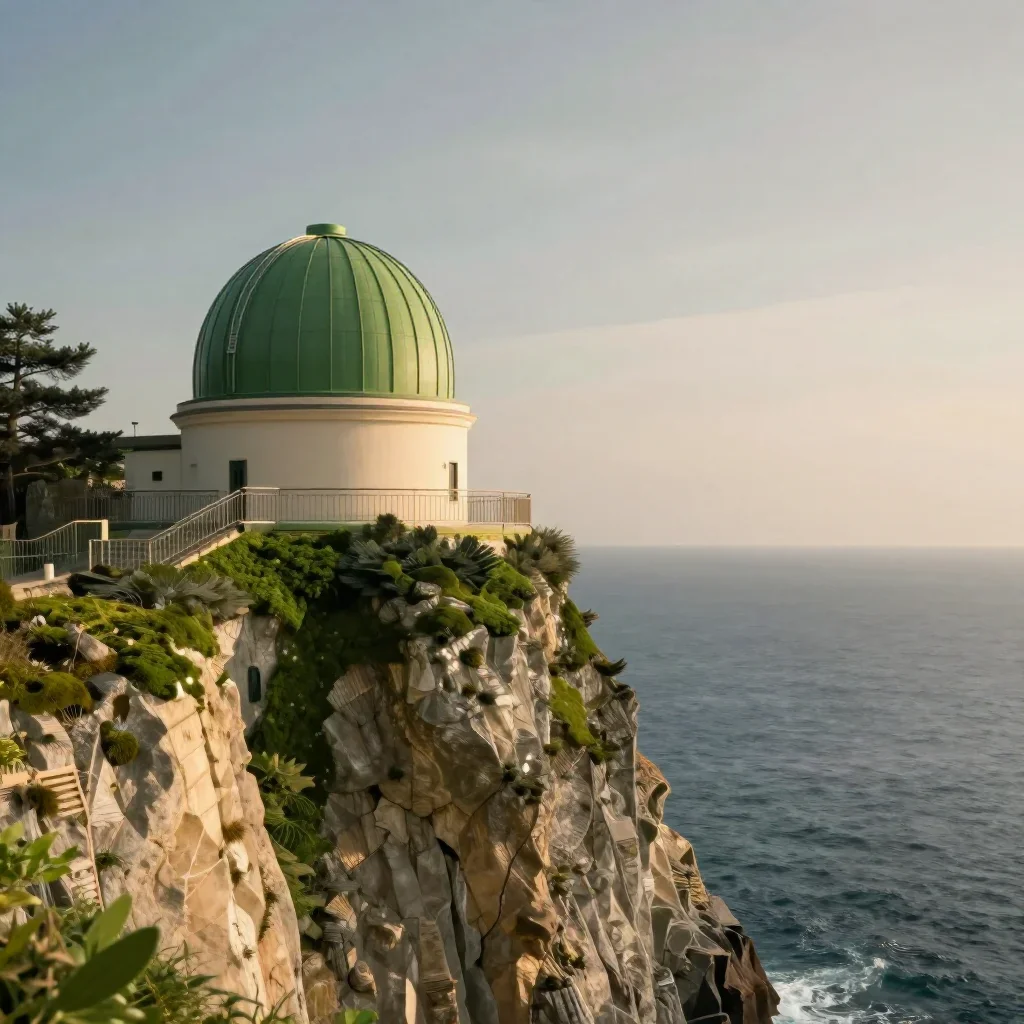 a cliffside observatory in a gentle sea breeze, cinematic architectural photography, calm negative space, moss green and