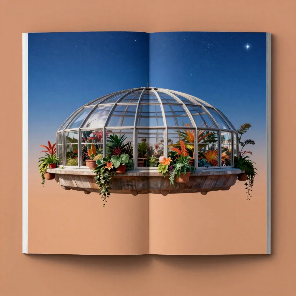 a floating botanical conservatory beneath a star-filled sky, high-end design magazine photography, calm negative space, 