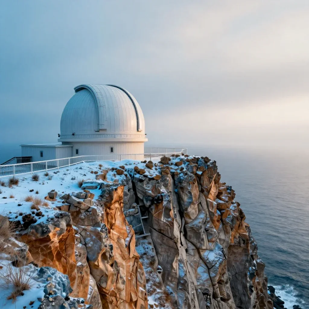 a cliffside observatory under overcast coastal light, dreamlike fine-art landscape photography, soft volumetric light, i