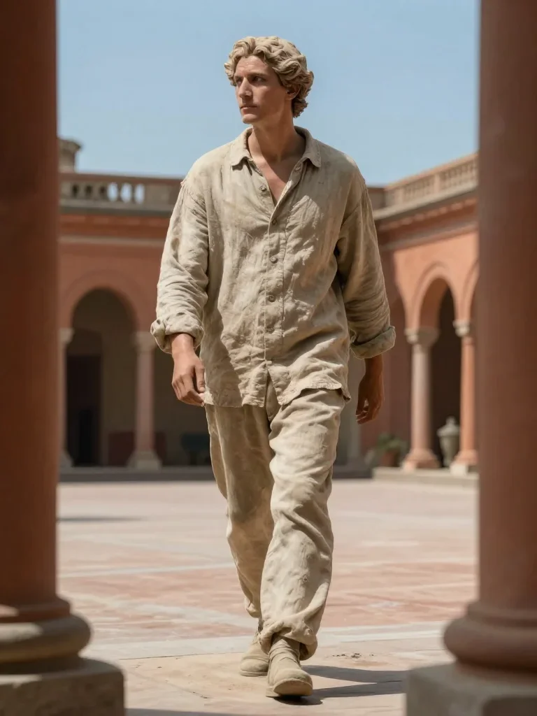 a sculptor at rest in a linen shirt, dust-hazed in a confident cinematic stride, in a moonlit palace courtyard, Renaissa
