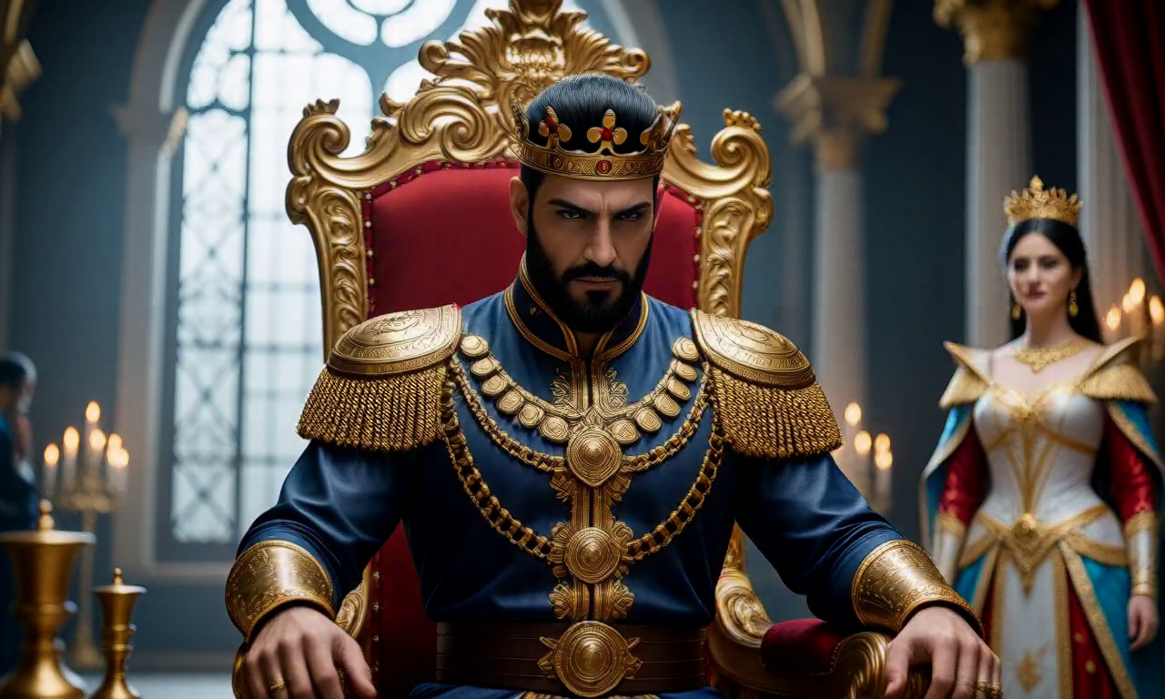 A king is zooming in on a king who is hyper realistic AI anime render he is kind of like King of Chess given a A black c