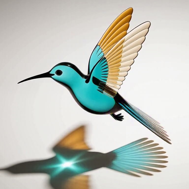Editorial studio photograph of a glass hummingbird sculpture, soft botanical shadows, teal and amber lighting, clean neu