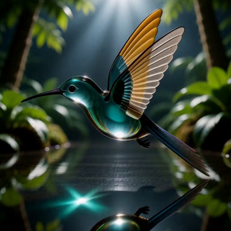 Keep the exact glass hummingbird design and pose, but replace the clean backdrop with a lush moonlit botanical greenhous