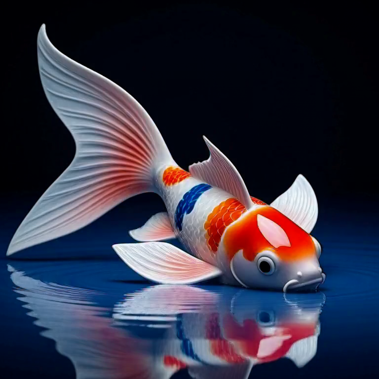 A luminous ceramic koi sculpture floating above a quiet midnight pond, indigo and rose reflections, refined editorial pr