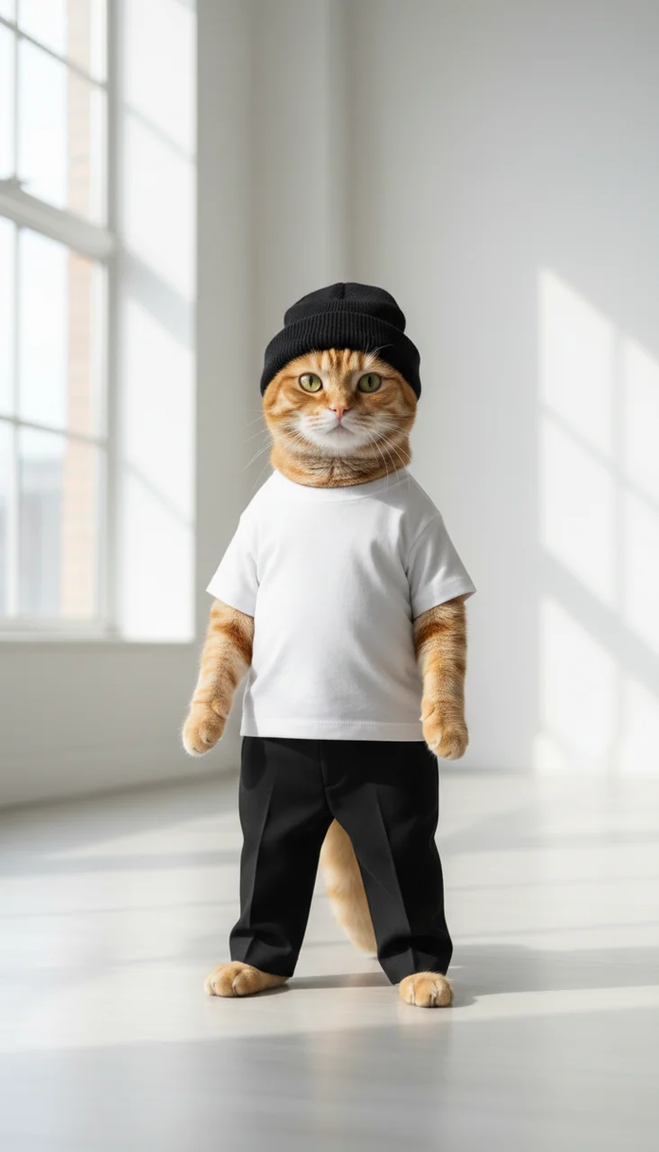Reference photo of a cat standing upright in a white t-shirt and beanie